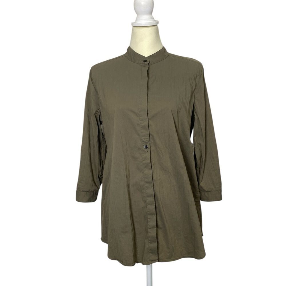 J.Jill Stretch Olive Green Button-Front Tunic Shirt – Size M | Casual | Chic